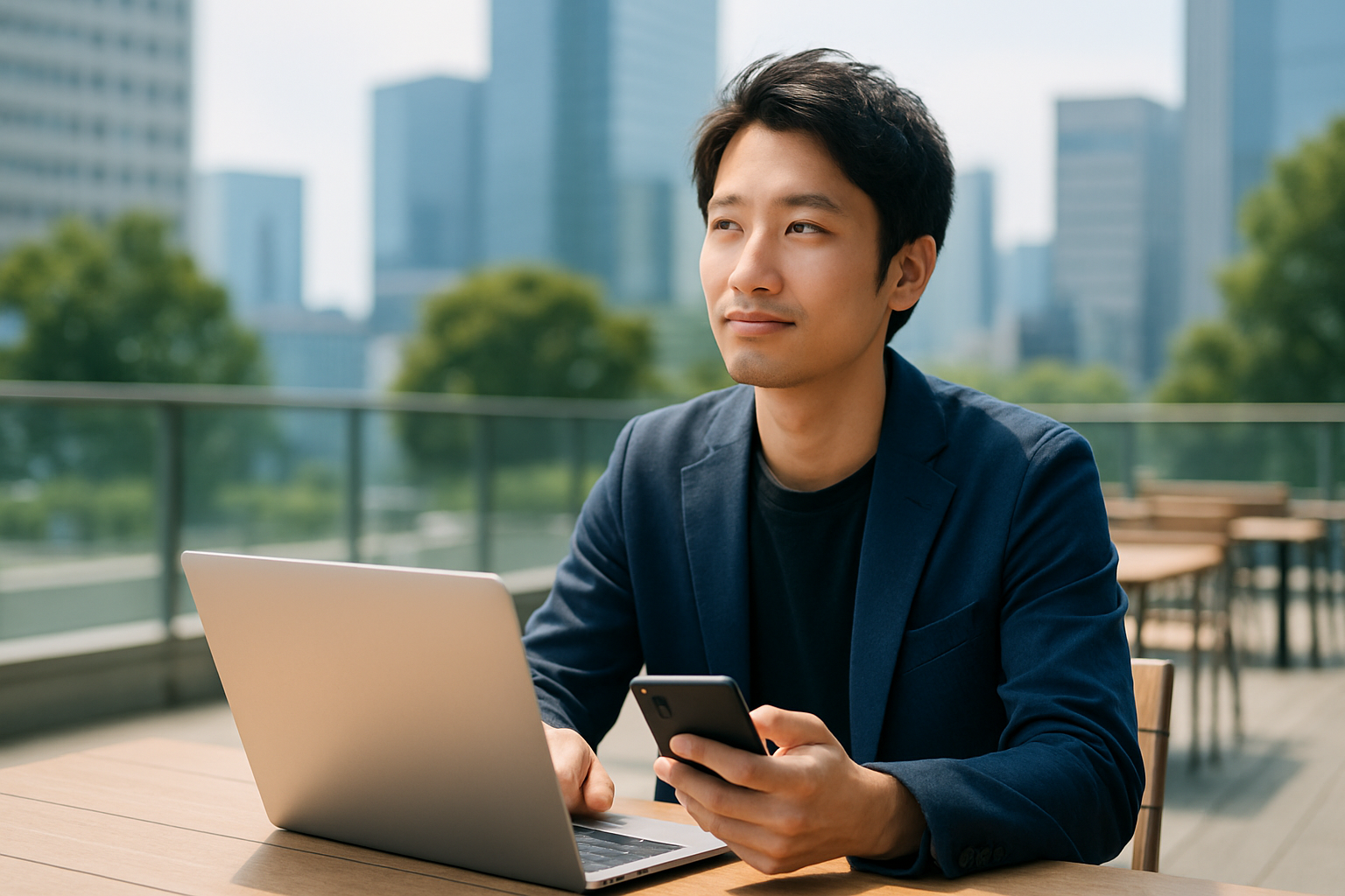 転職に悩む30代子育て世代の男性が、資産形成と家族を支えに新しい道を選ぶ様子