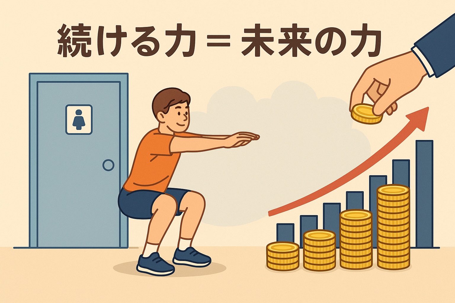 継続する技術。トイレ後の10回のスクワットが未来を変える。継続は力なり。小さな行動が未来を変える。